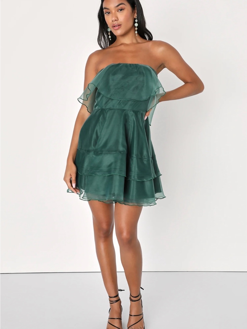 Lulus Adored Darling Emerald Organza Ruffled Strapless Mini Dress